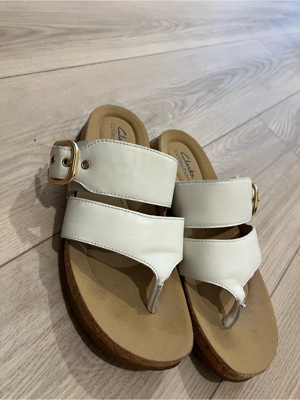 Clarks White Leather Double-Strap Thong Sandals with Gold Buckles summer